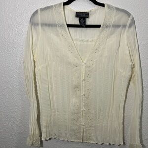 Elementz Ivory Button-Up Blouse with Lace Accents